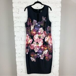 Adrianna Papell Tumbling Rose Scuba Sheath Dress Black Purple 14